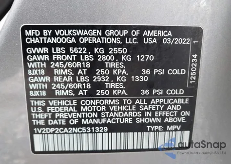 2022 Volkswagen Atlas 2.0T Se из США, поврежденный, VIN 1V2DP2CA2NC531329